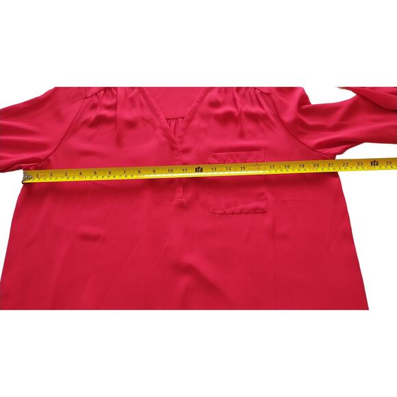 Pleione Women's red Long Sleeve V-Neck Pocket Poly Tunic Blouse Size L - Picture 9 of 10